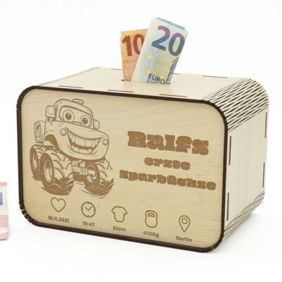 Kinderspardosen aus Holz mit Namen und Geburtsdaten - Lastwagen P03-18 KreativerOnkel.de