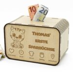 Kinderspardosen aus Holz mit Namen und Geburtsdaten - Tiger P03-07 KreativerOnkel.de