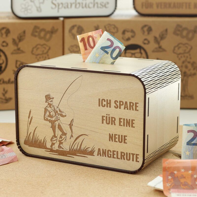 Spardose - Ich spare für eine neue Angelrute - für einen Angler P06-03 KreativerOnkel.de