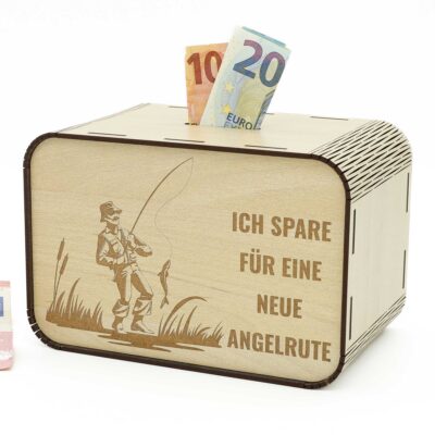 Spardose - Ich spare für eine neue Angelrute - für einen Angler P06-03 KreativerOnkel.de