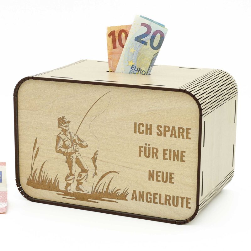 Spardose - Ich spare für eine neue Angelrute - für einen Angler P06-03 KreativerOnkel.de