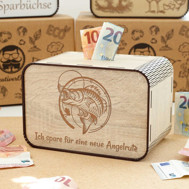 Spardose - Ich spare für eine neue Angelrute – für einen Fischer P06-09 KreativerOnkel.de