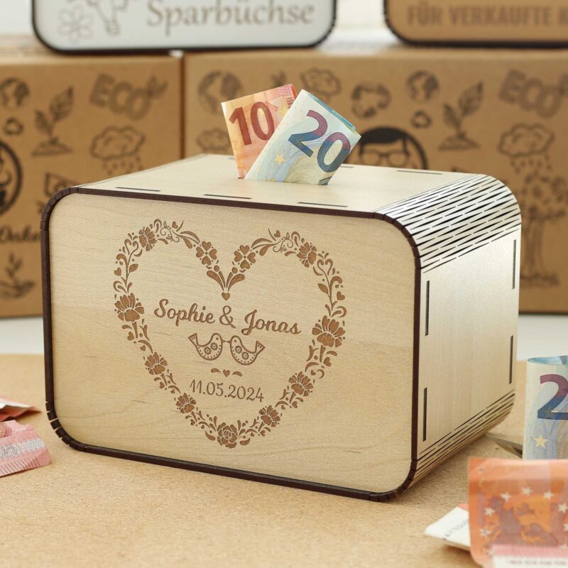 Spardose für Hochzeit mit Namen und Datum - Verliebte Vögel